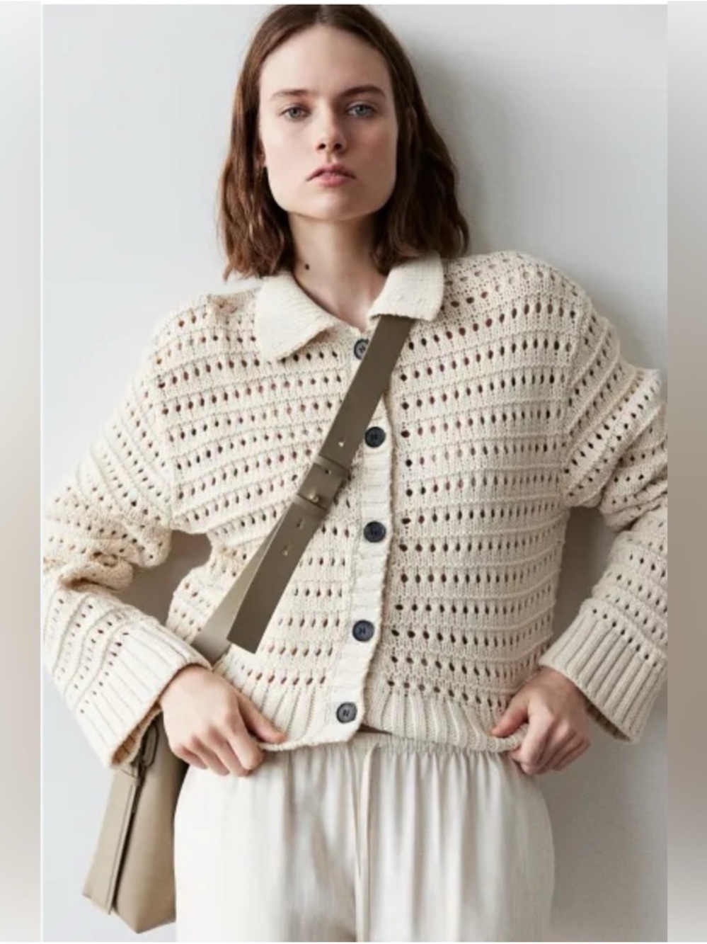 H&M Cream Open-Weave Button Cardigan Collared - Picture 3 of 9